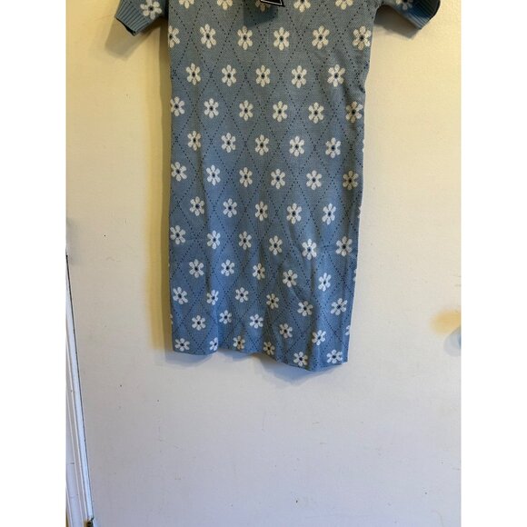 Just Polly Blue Knit Sweater Dress Small Floral Daisy Short Sleeve Retro Y2K Mod - Picture 7 of 12